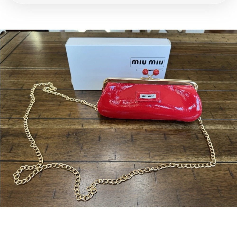 Miu Miu Glossy Red Clutch with Gold Chain